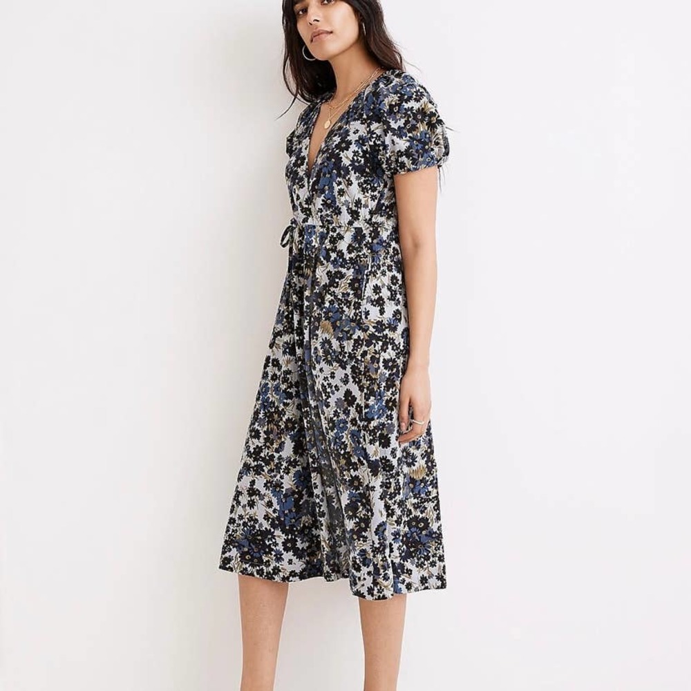 Madewell Drawstring Faux-Wrap Midi Dress in Daisy Reverie Small NWT